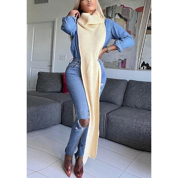 Women Sleeveless Maxi Sweater Dress Knitted Turtleneck Side Split - Picture 3 of 6